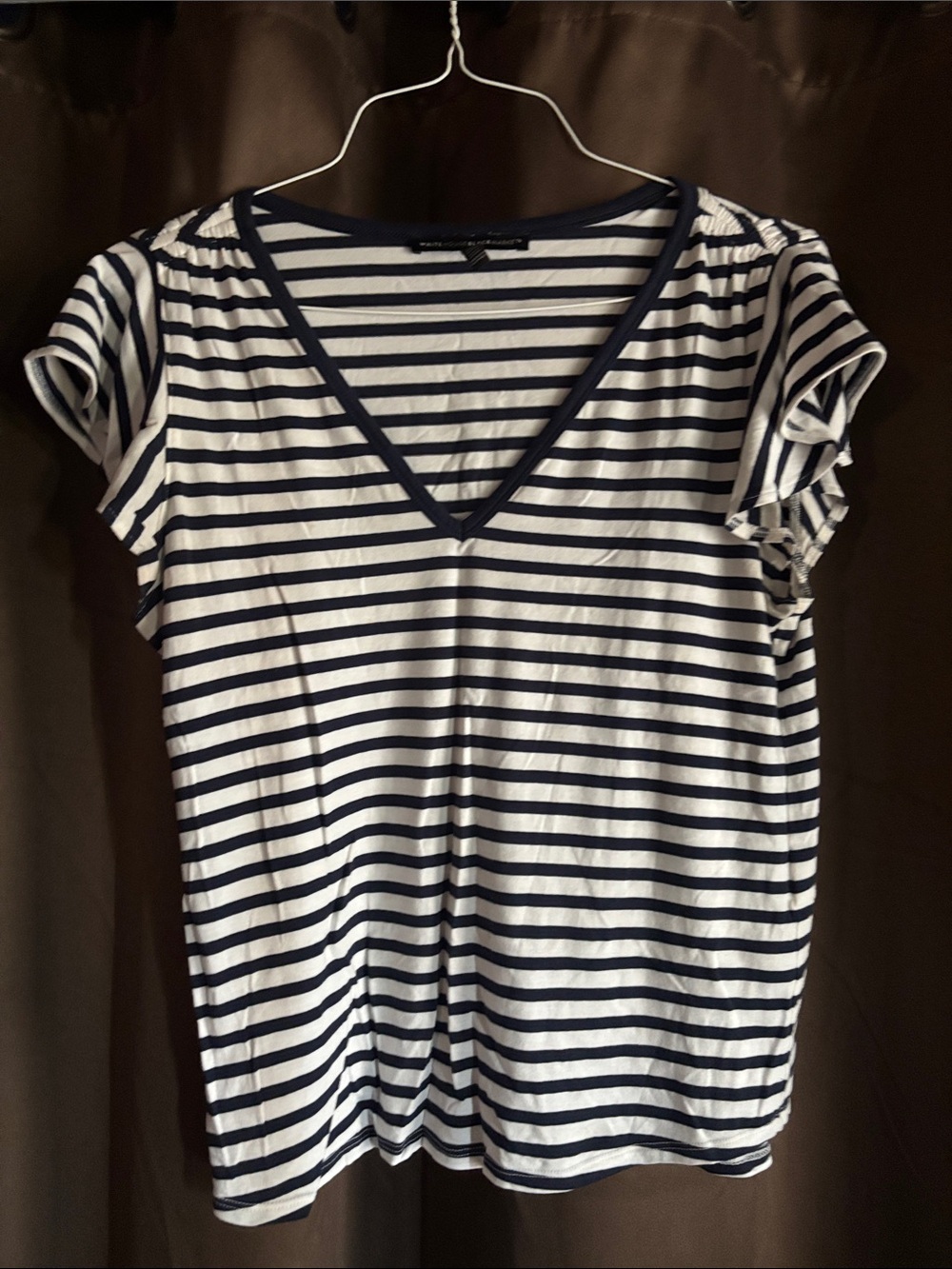 White House Black Market Navy & White Striped V-Neck Short Sleeve Top